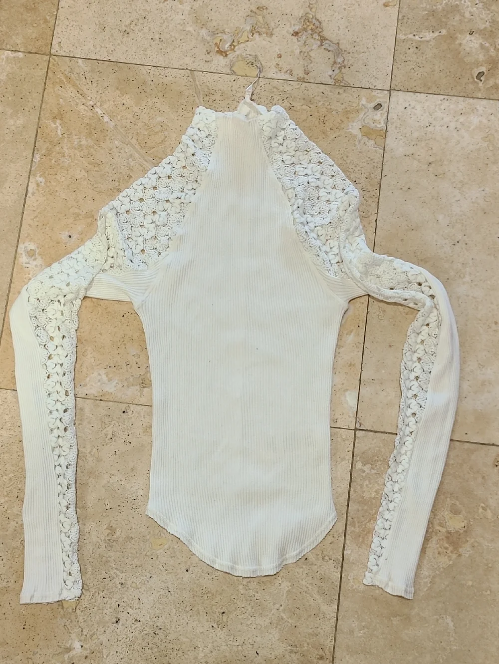 Free People Ivory Lace-Panel Ribbed Long Sleeve Top
